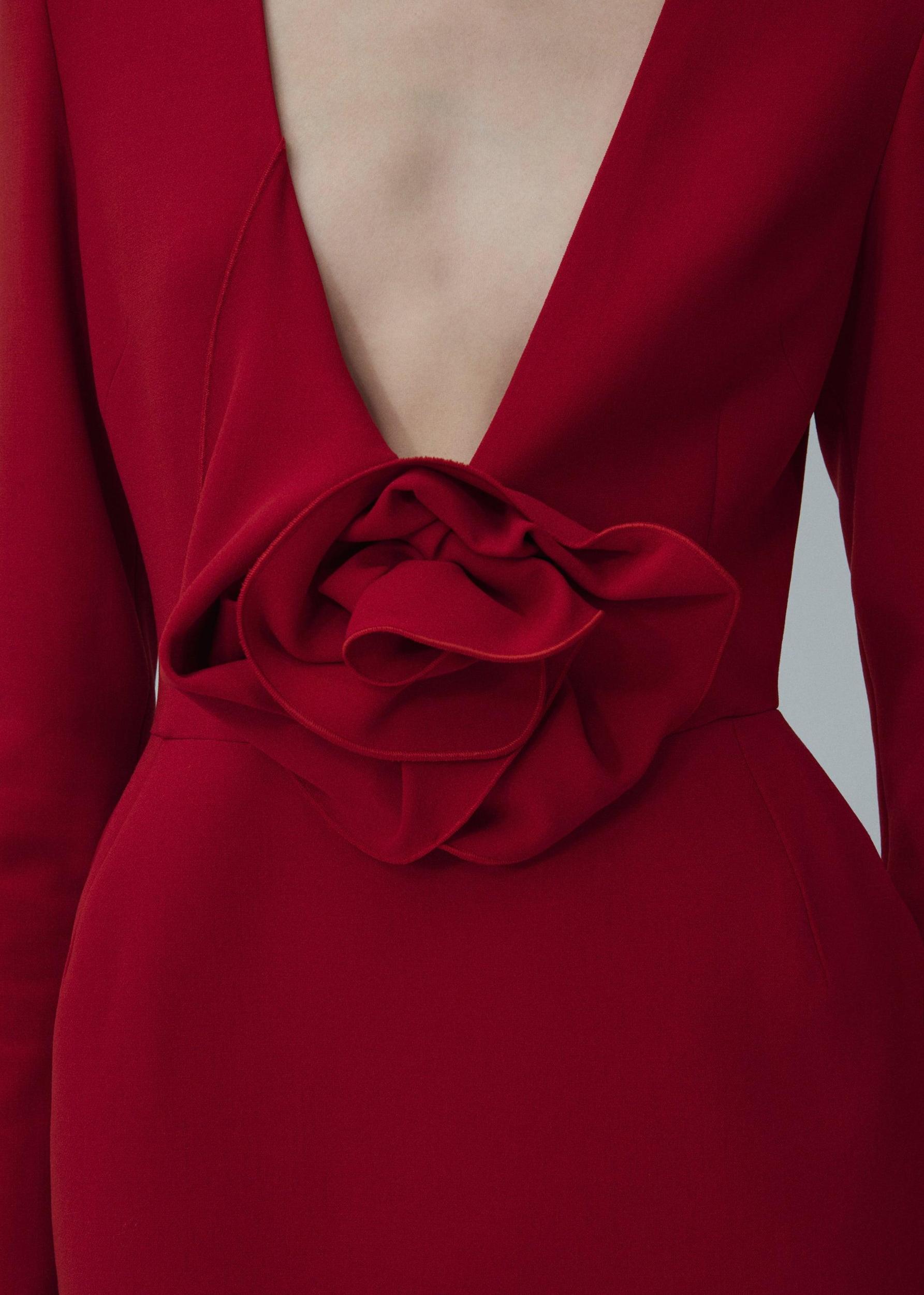 Long sleeve floral applique wool mini dress in red Product Image