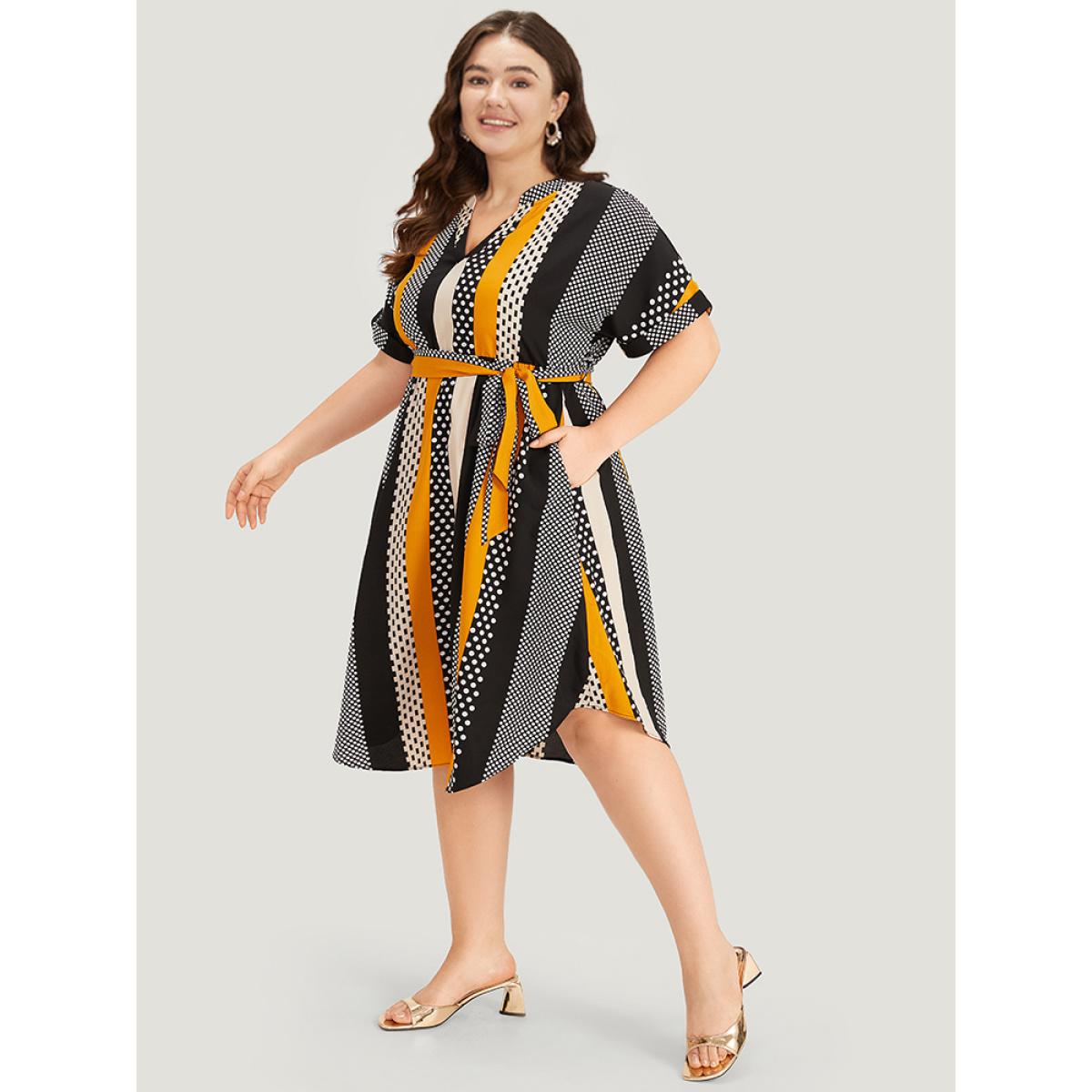 Plus Size Polka Dot Patchwork Striped Belted Notched Dress Orange Women Office Contrast Notched collar Short sleeve Curvy Midi Dress BloomChic 18-20/2X Product Image