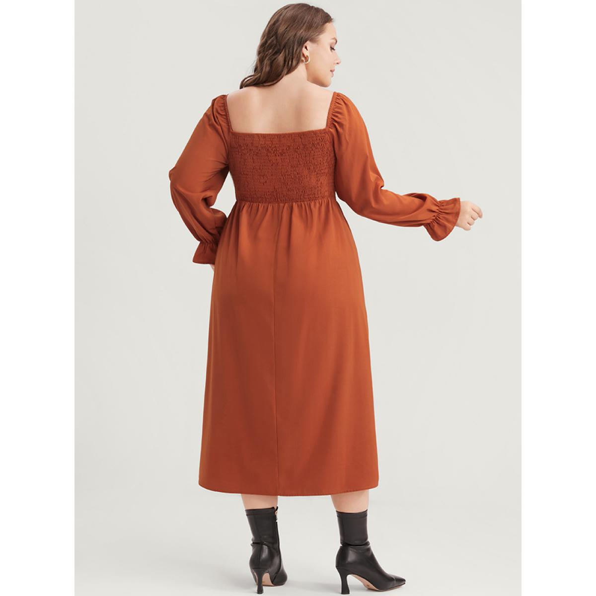 Plus Size Solid Shirred Square Neck Lantern Sleeve Split Hem Dress Rust Women Elegant Shirred Square Neck Long Sleeve Curvy Midi Dress BloomChic 22-24/3X Product Image