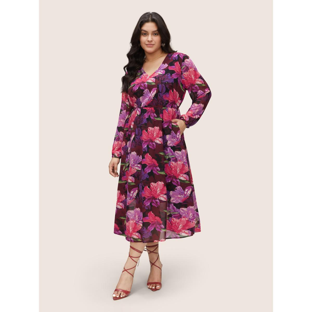 Plus Size Floral Lantern Sleeve Mesh Elastic Waist Dress RedViolet Women Elegant Non V-neck Long Sleeve Curvy Midi Dress BloomChic 10/M Product Image