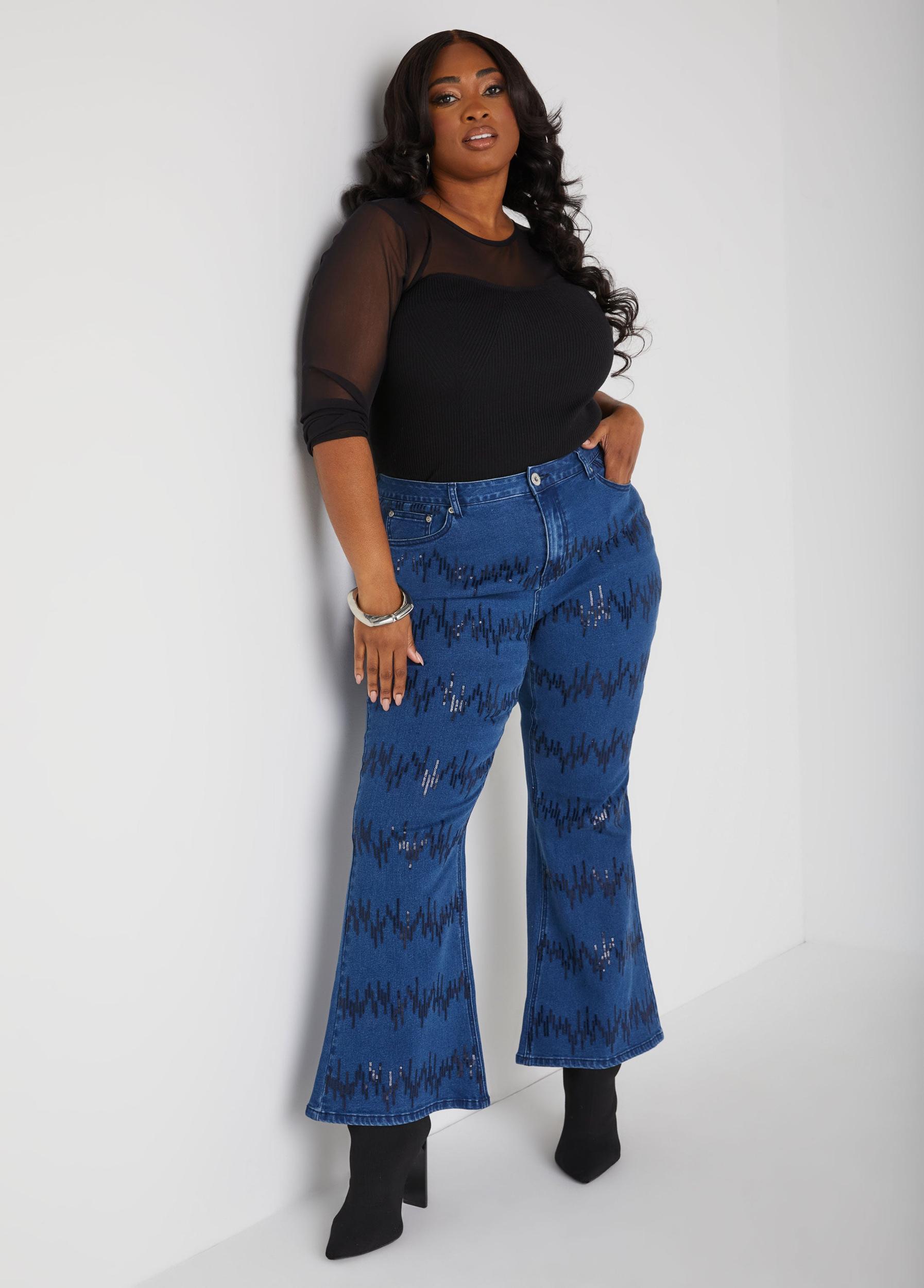 Plus Size Sequined Flared Jeans Ashley Stewart Product Image