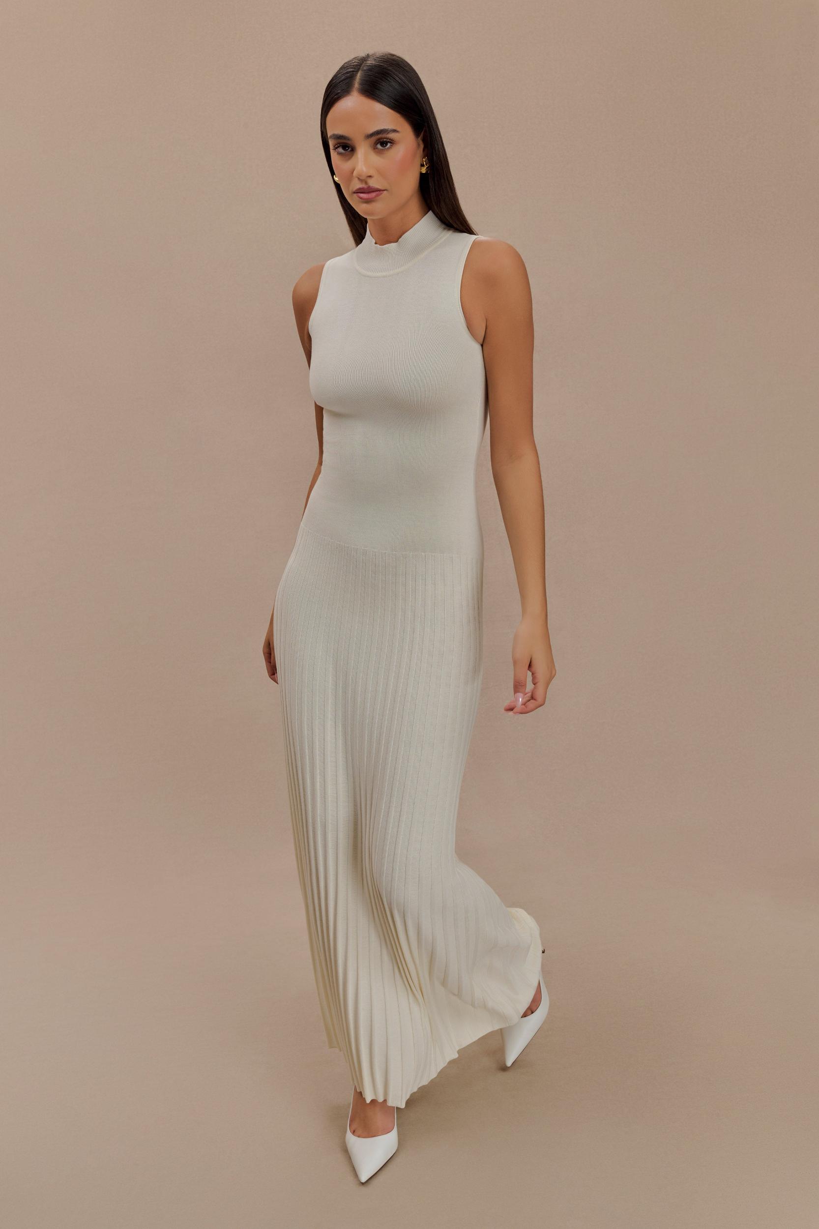 Mavis High Neck Pleated Maxi Dress - Ivory Product Image
