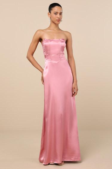 Extraordinary Presence Pink Satin Strapless Maxi Dress Product Image
