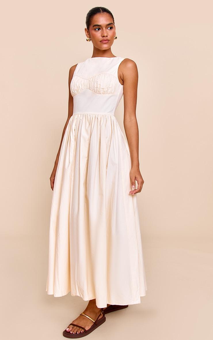 Cream Cotton Poplin Ruched Bust Midaxi Dress Product Image