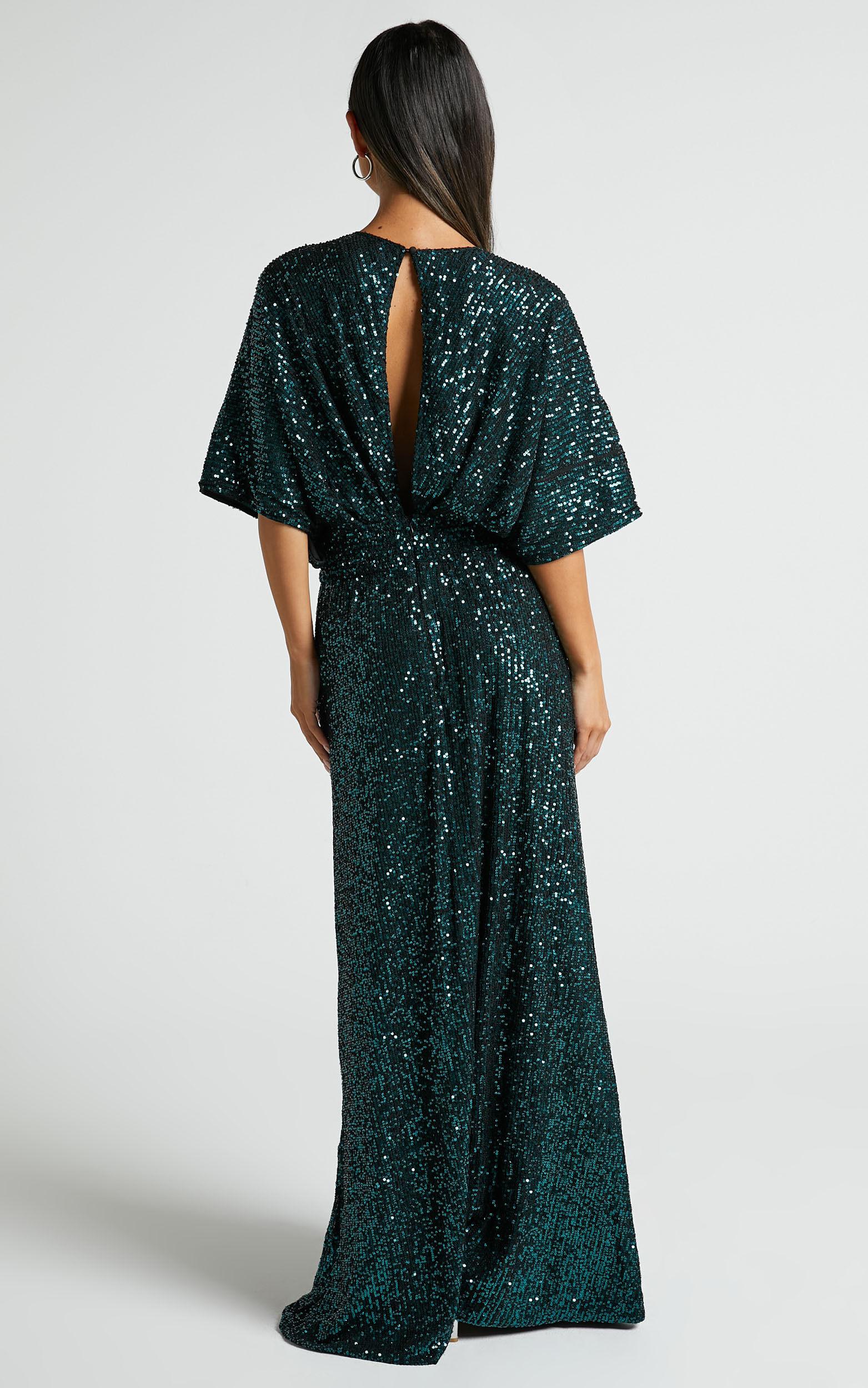 Miyah Maxi Dress - Sequin Plunge Short Sleeve Dress in Emerald Product Image