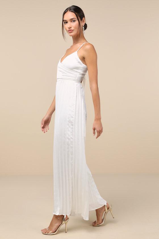 Memorably Sophisticated White Satin Pleated Backless Jumpsuit Product Image