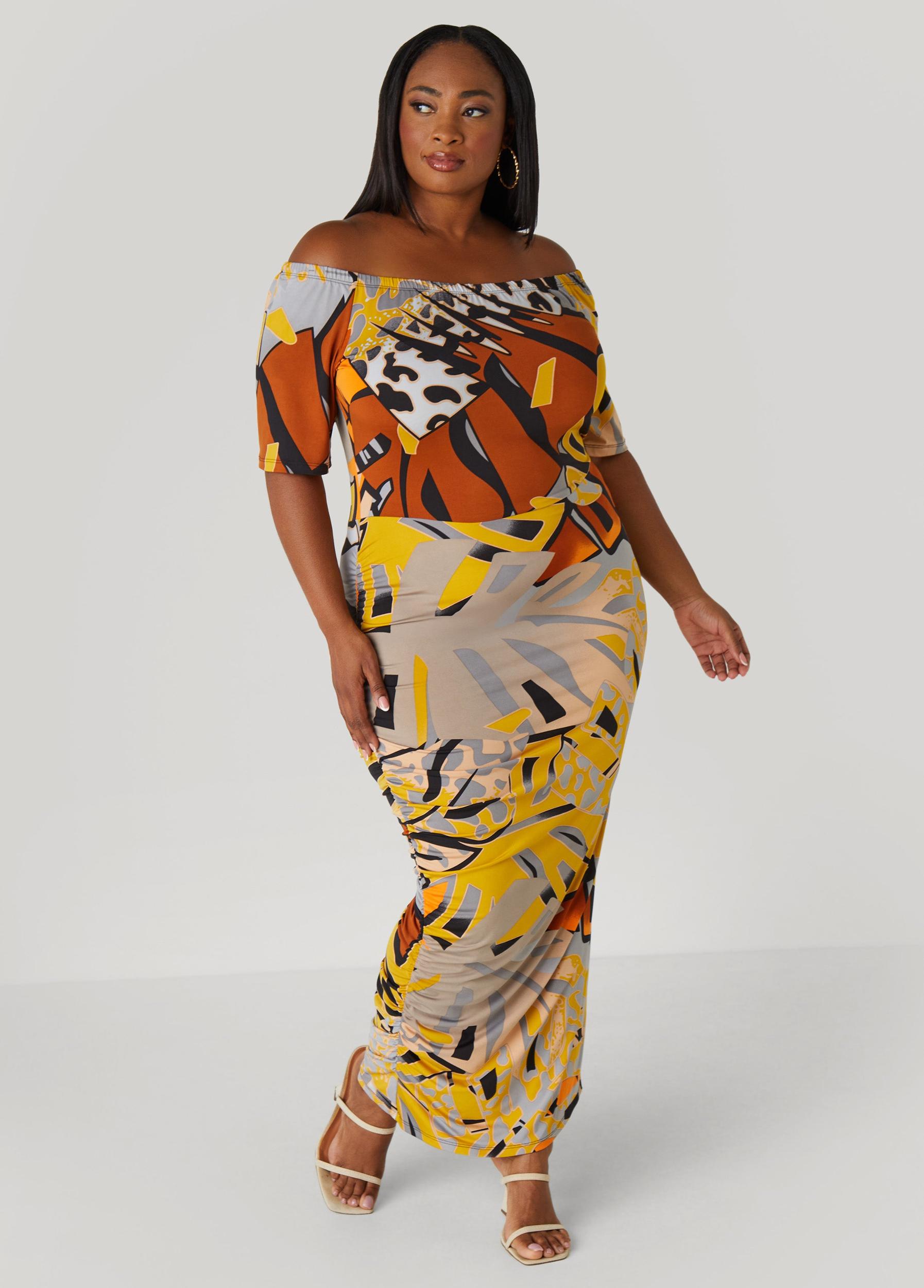Plus Size Off The Shoulder Printed Maxi Dress Ashley Stewart Product Image