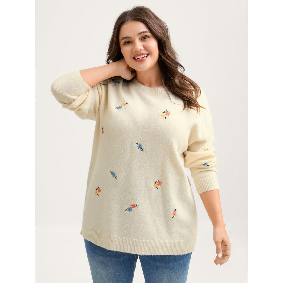 Plus Size Micro Floral Embroidery Ribbed Hem Pullover Ivory Women Leisure Loose Long Sleeve Round Neck Casual Pullovers BloomChic 12/L Product Image