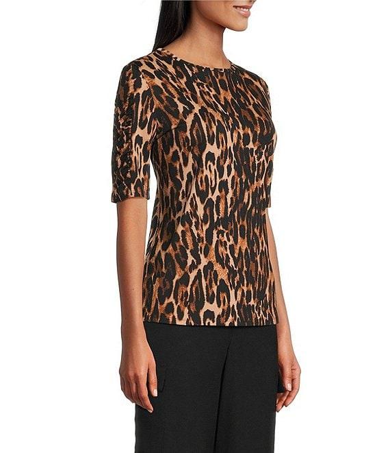 Investments Petite Size Knit Animal Print Elbow Length Sleeve Crew Neck Top Product Image