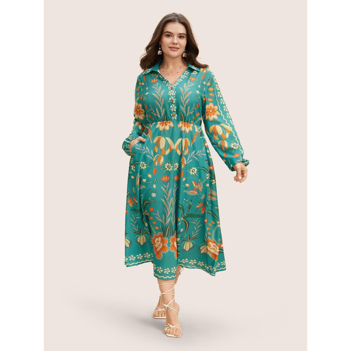 Plus Size Bandana Print Pocket Lapel Collar Elastic Cuffs Dress Emerald Women Resort Non V-neck Long Sleeve Curvy Midi Dress BloomChic 26/4X Product Image