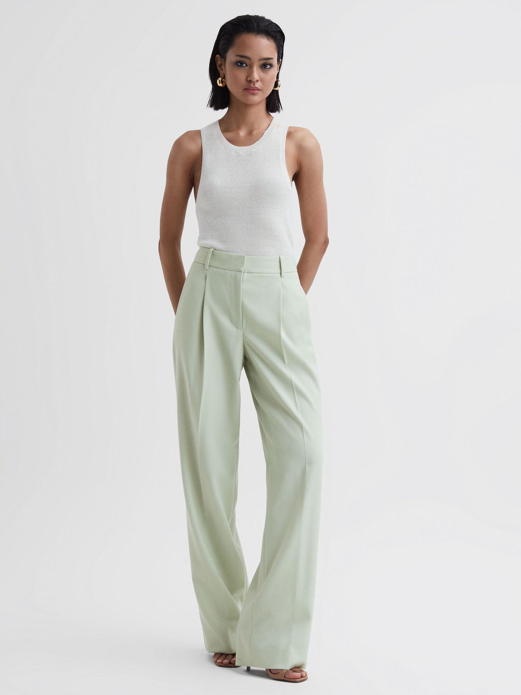 Wide Leg Wool Blend Trousers in Green Product Image