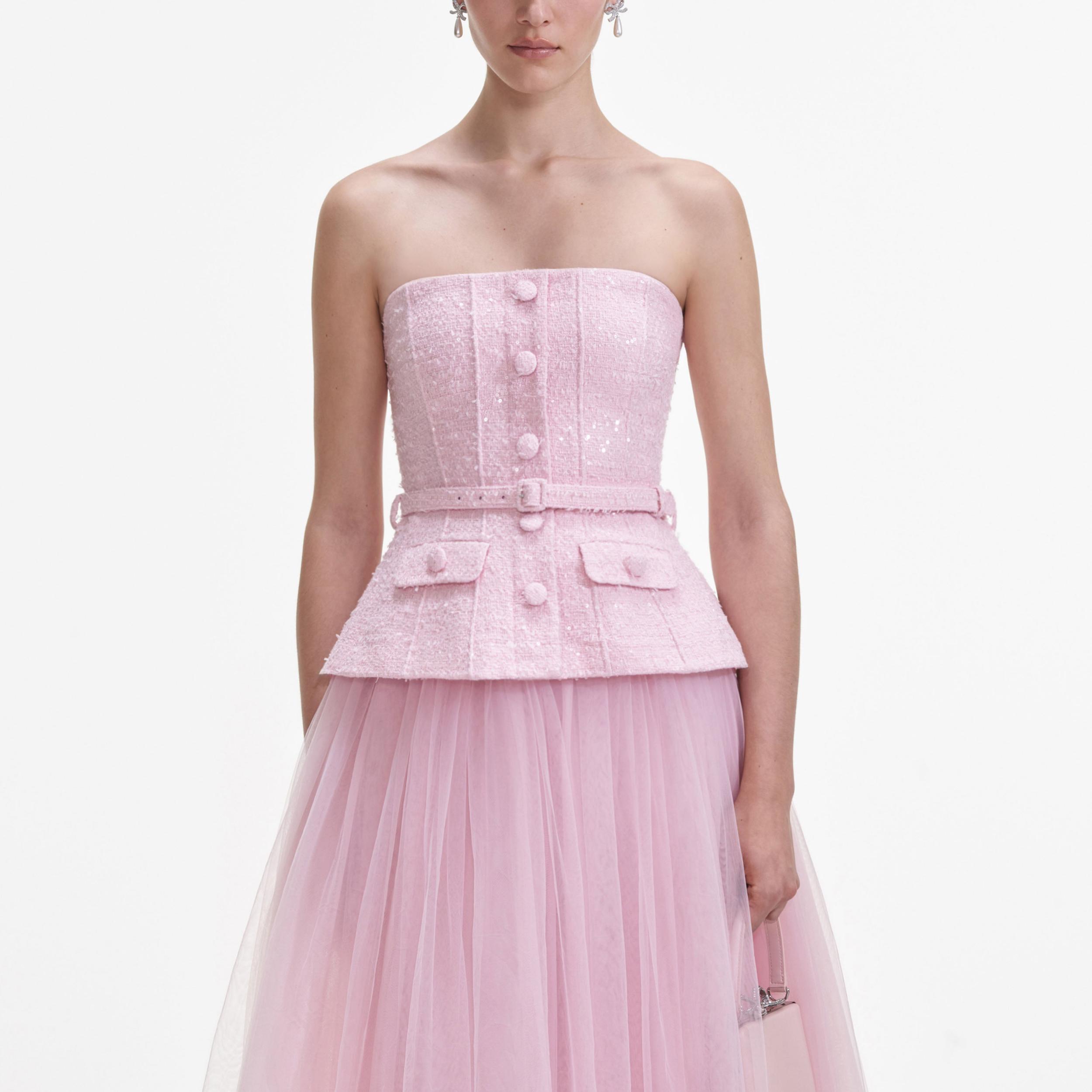 Pink Boucle Tulle Midi Dress Product Image
