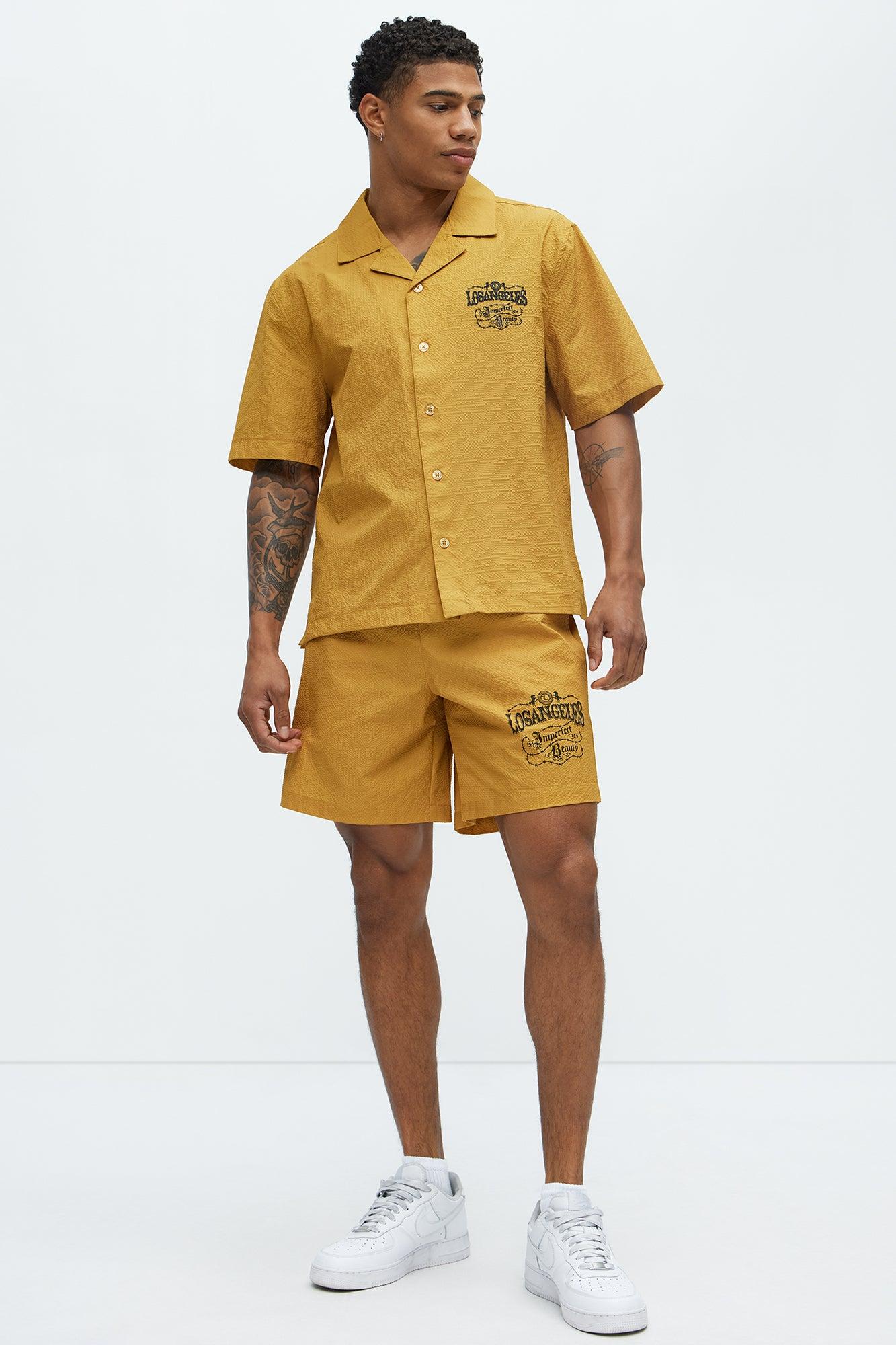 Waffle Crinkled Cuban Collar Shirt - Yellow Product Image