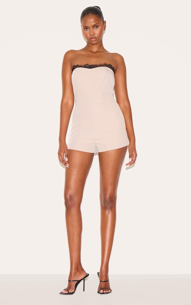  Taupe Lace Detail Woven Bandeau Romper Product Image
