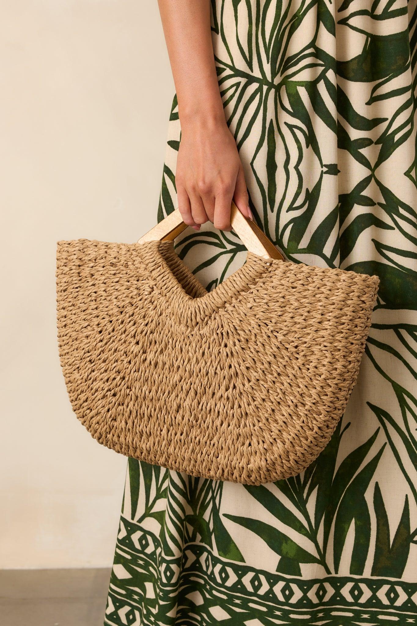Changing Tides Tan Raffia Woven Wooden Handle Handbag Product Image