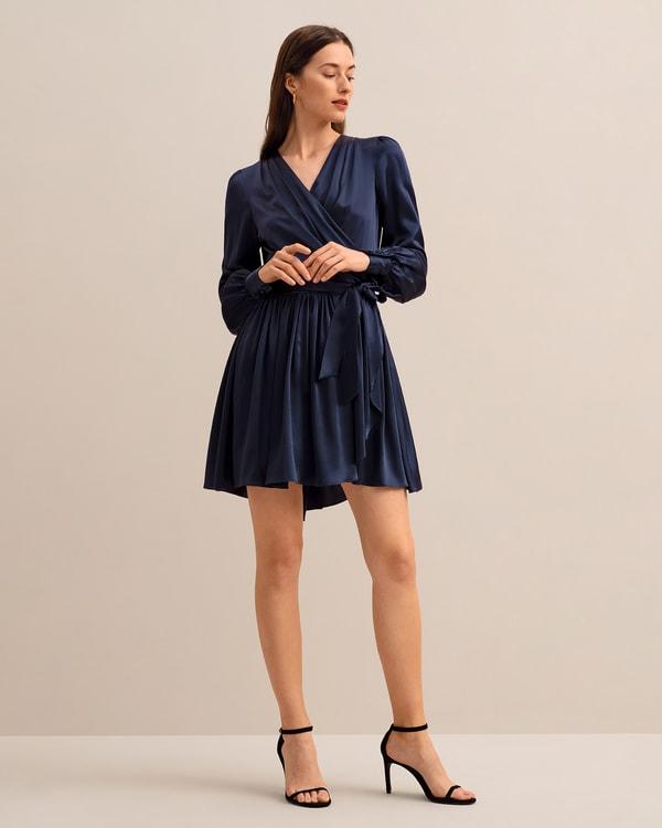 LILYSILK Long Sleeve Silk Dress for Women Navy Blue Pure Silk Glossy Puff Sleeves Skin-Friendly and Breathable S Product Image