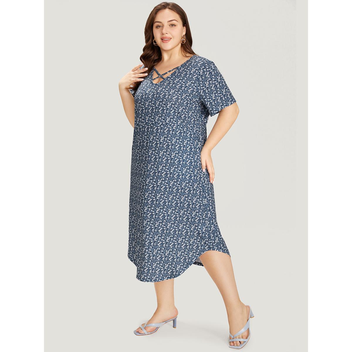 Plus Size Ditsy Floral Pocket Curved Hem Knotted Dress Stone Women Casual Arc Hem V-neck Short sleeve Curvy Midi Dress BloomChic 22-24/3X Product Image