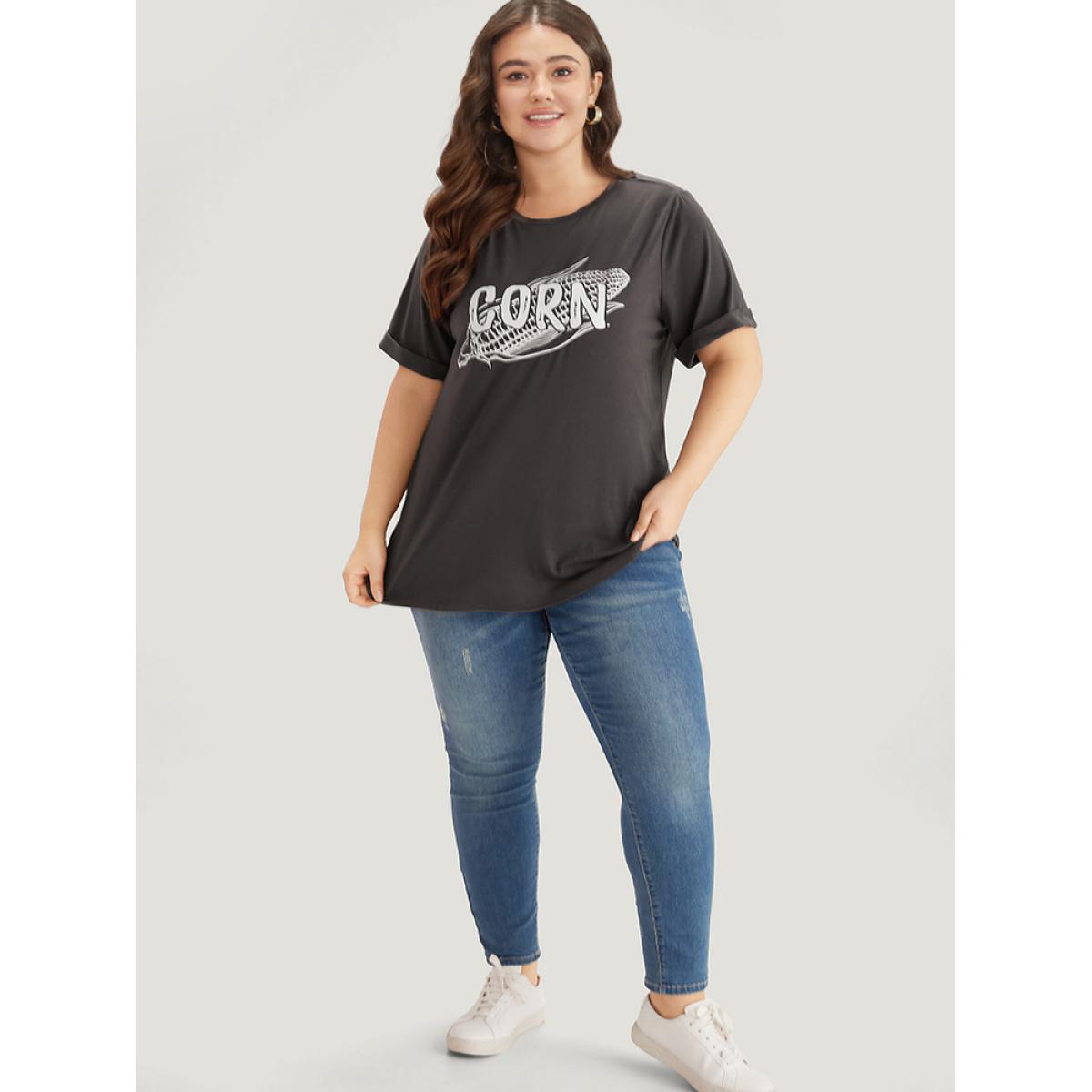 Plus Size Corn Print Round Neck Roll Sleeve T-shirt DimGray Women Casual Printed Western Dailywear T-shirts BloomChic 12/L Product Image