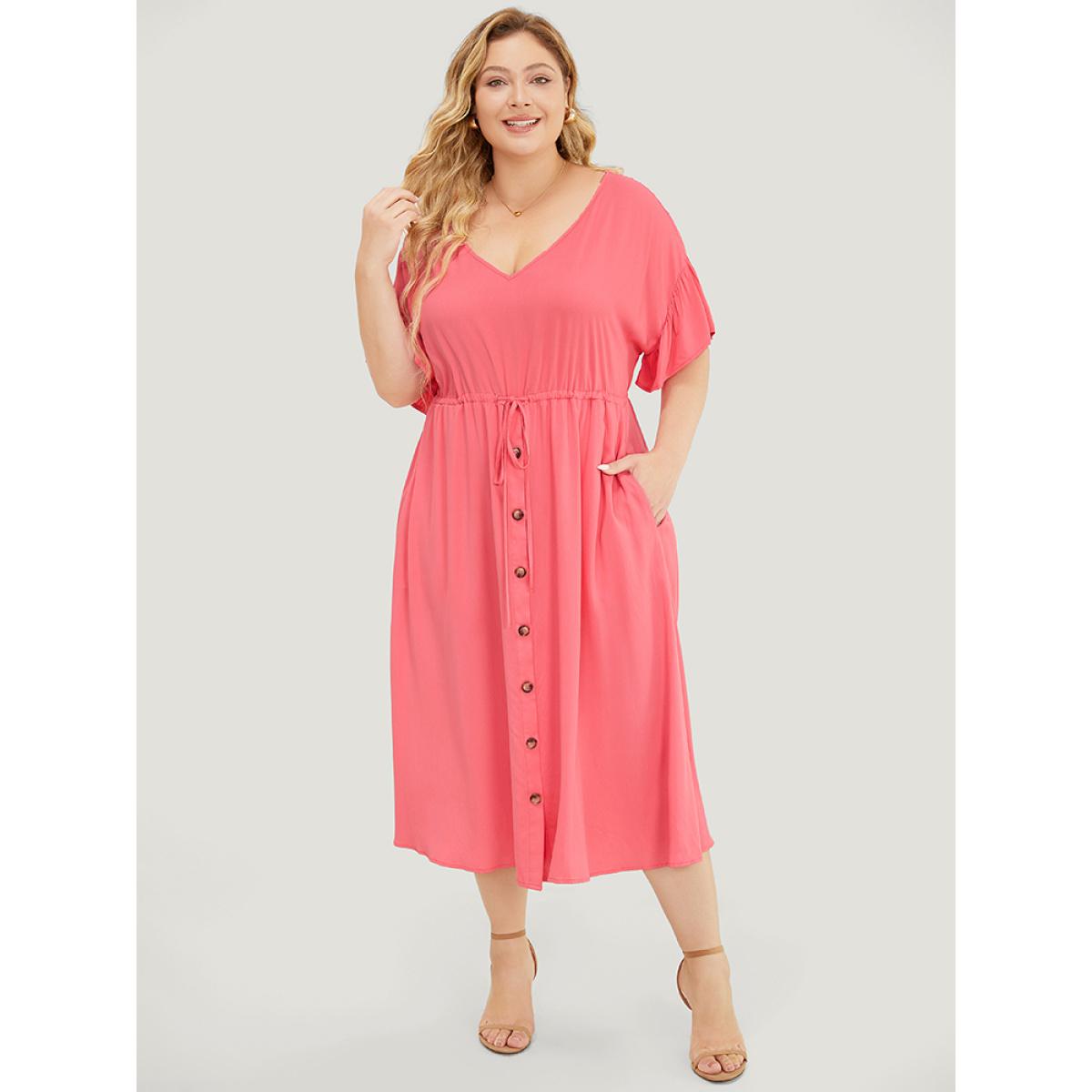 Plus Size Solid Flutter Sleeve Button Detail Pocket Drawstring Dress Watermelon Women Vacation Drawstring V-neck Short sleeve Curvy Midi Dress BloomChic 18-20/2X Product Image
