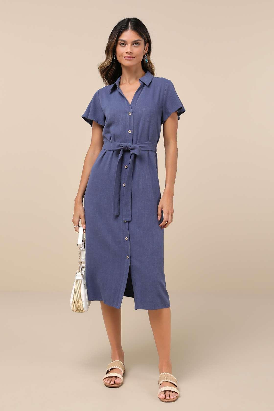 Italian Summer Dark Blue Linen Button-Up Short Sleeve Midi Dress Product Image
