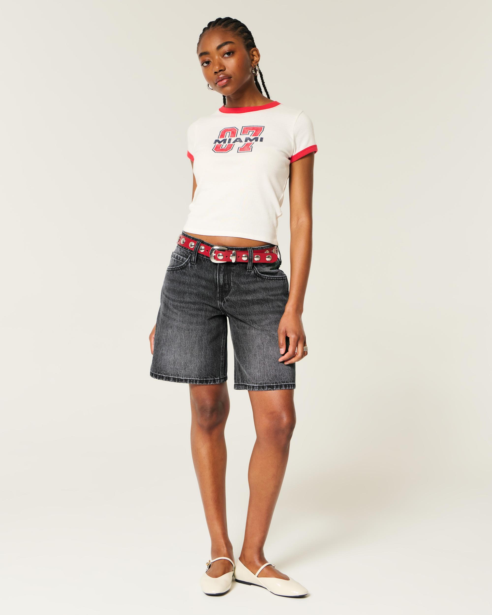 Low-Rise Medium Wash Number Graphic Baggy Jort Product Image