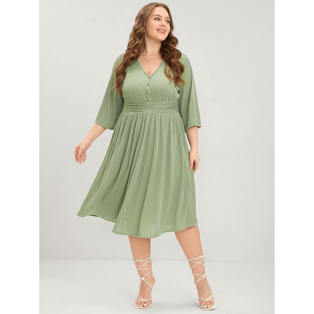 Plus Size Plain Button Detail Pocket Ruched Rib Knit Flutter Dress Moss Women Elegant Plain V-neck Long Sleeve Curvy Midi Dress BloomChic 12/L Product Image
