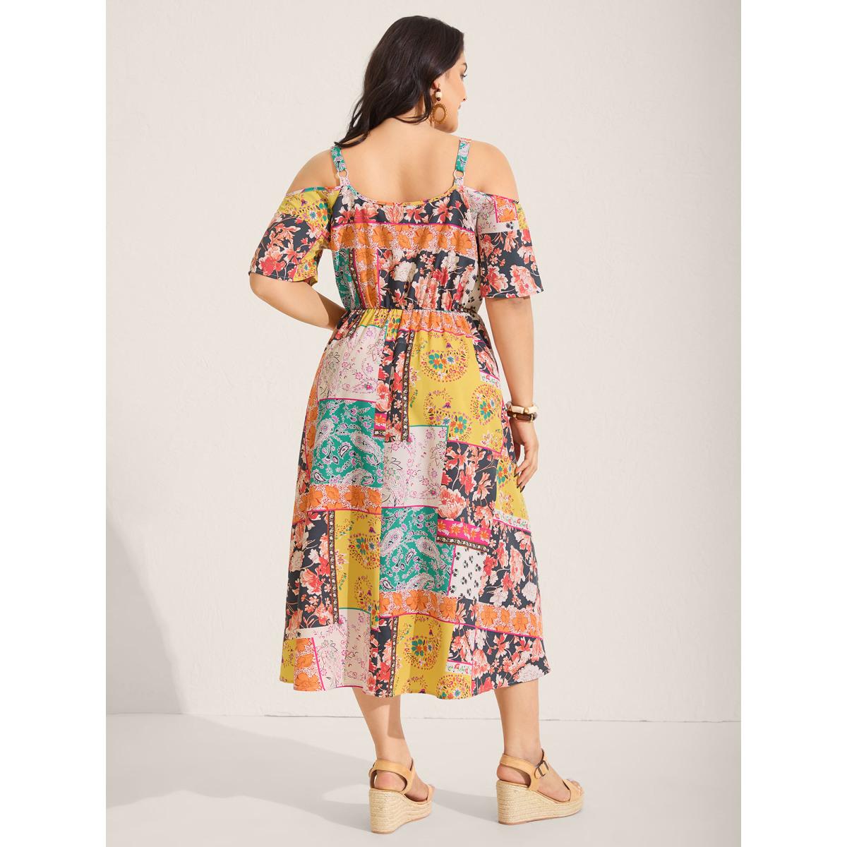 Plus Size Boho Floral Print Cold-Shoulder Midi Dress Multicolor Women Non Sleeveless Curvy BloomChic 26/4X Product Image
