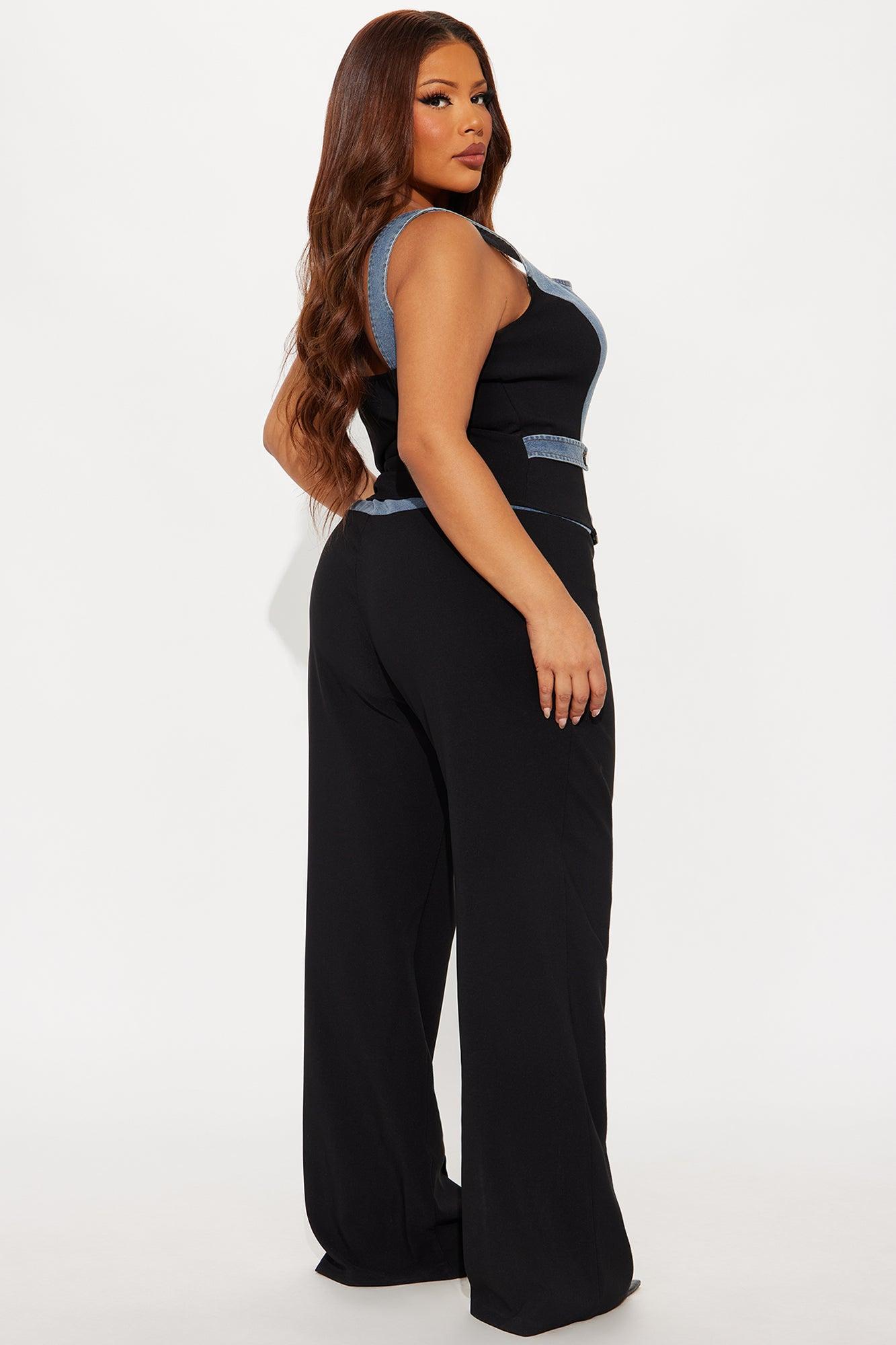 Shayla Denim Mix Wide Leg Pant Set - Black Product Image