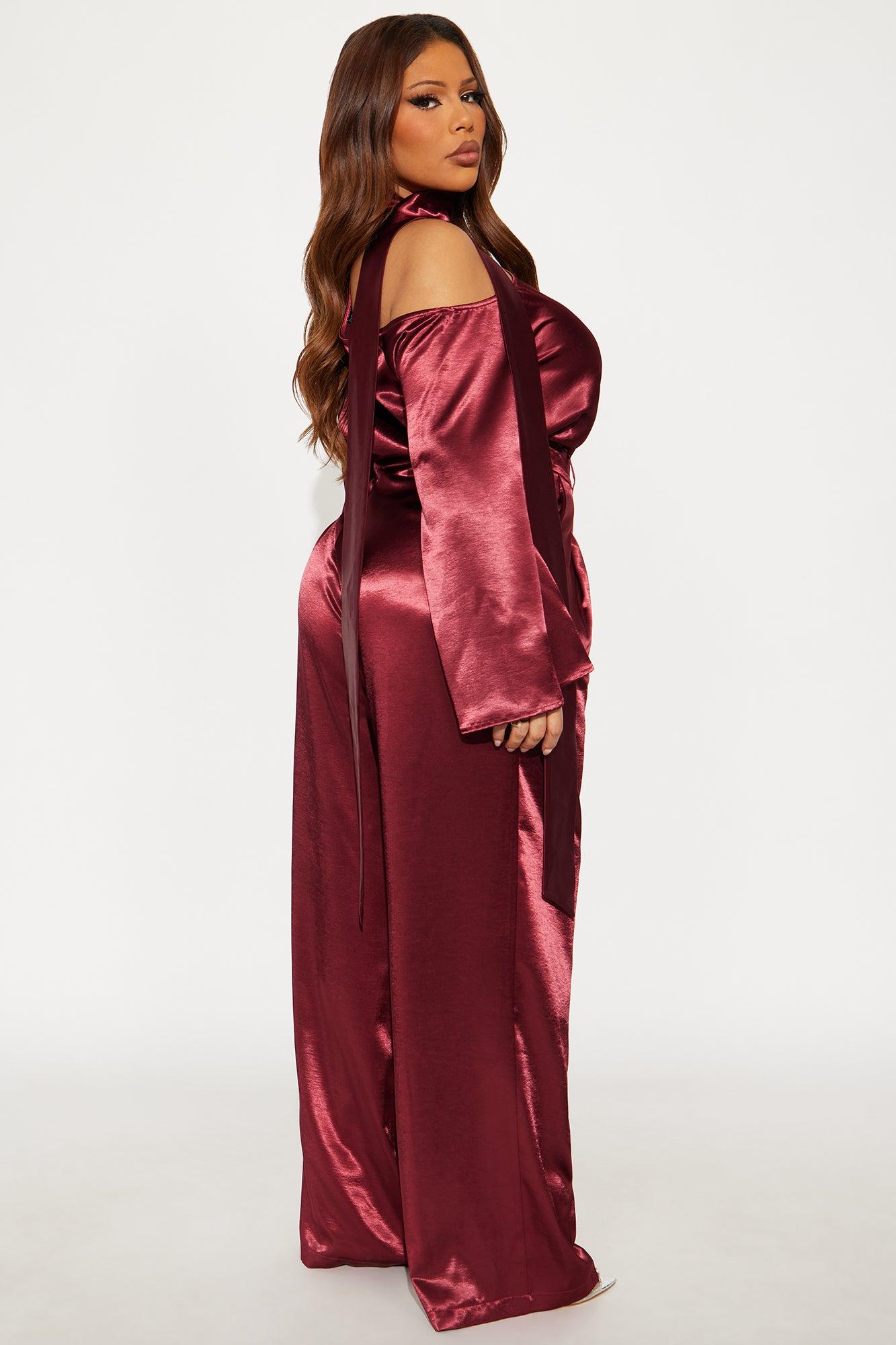Adeline Satin Tie Neck Bodysuit Pant Set - Burgundy Female Product Image