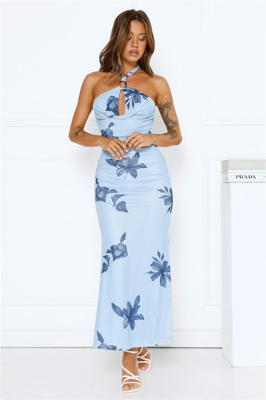 Petal Dusk Mesh Halter Maxi Dress Blue Product Image