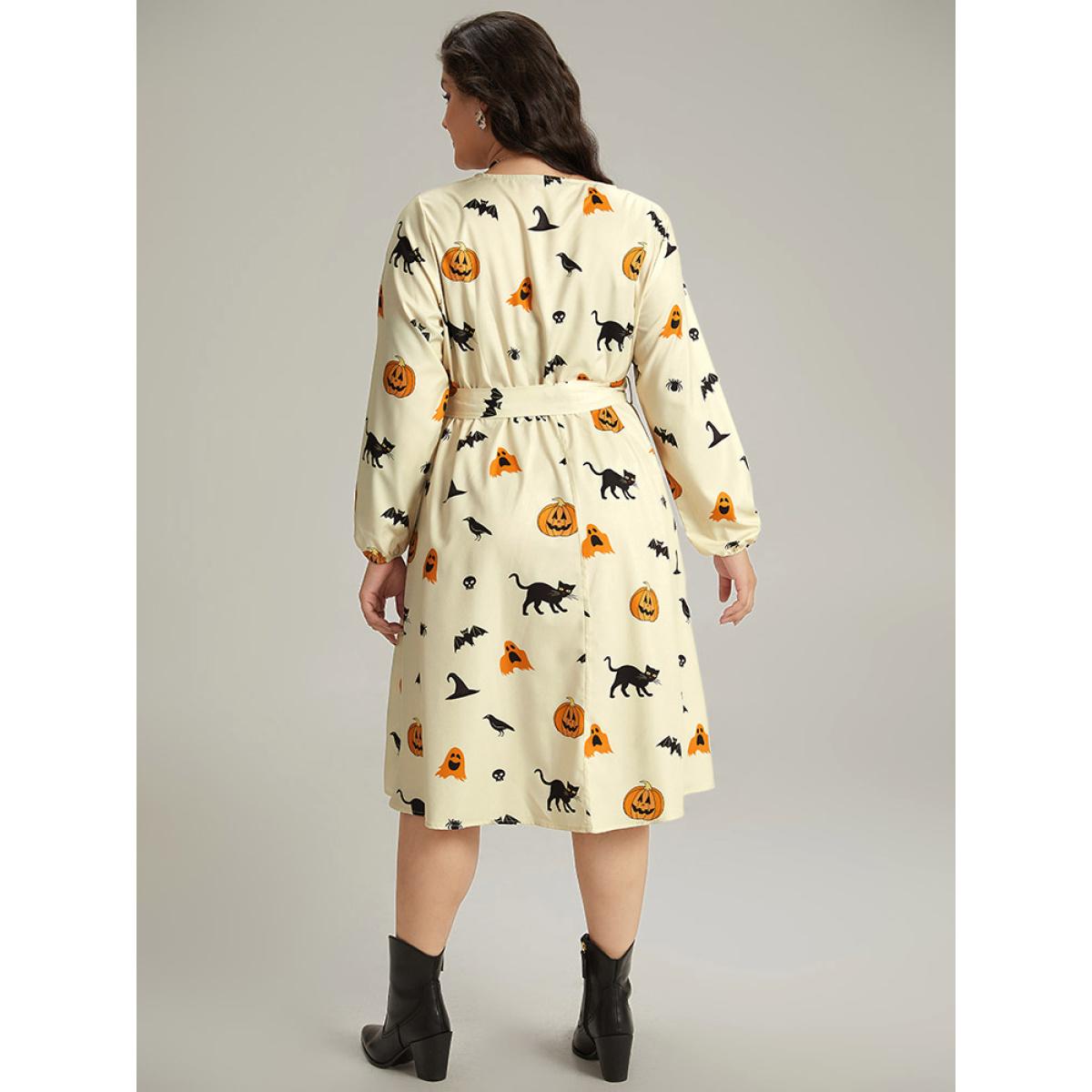 Plus Size Halloween Pumpkin & Bat Print Wrap Lantern Sleeve Dress Beige Women Office Elastic cuffs Overlap Collar Long Sleeve Curvy Midi Dress BloomChic 18-20/2X Product Image