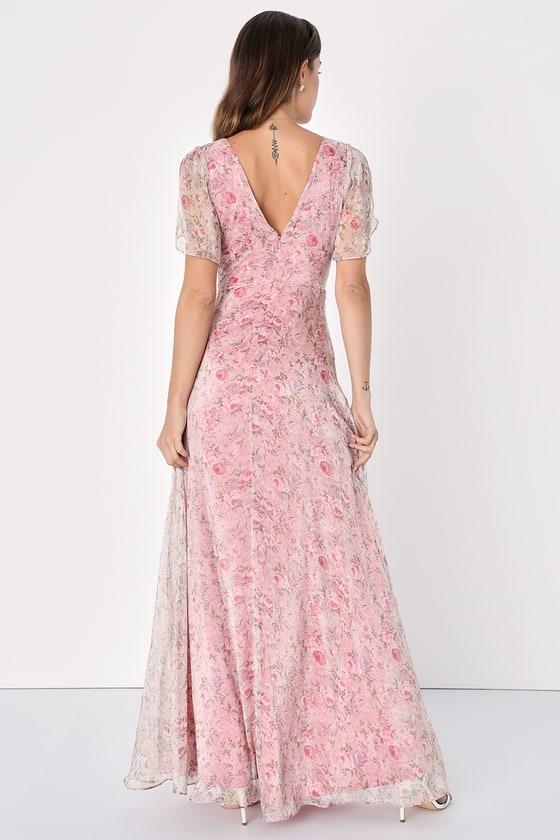 Dreamiest Desires Pink Floral Flutter Sleeve Maxi Dress Product Image