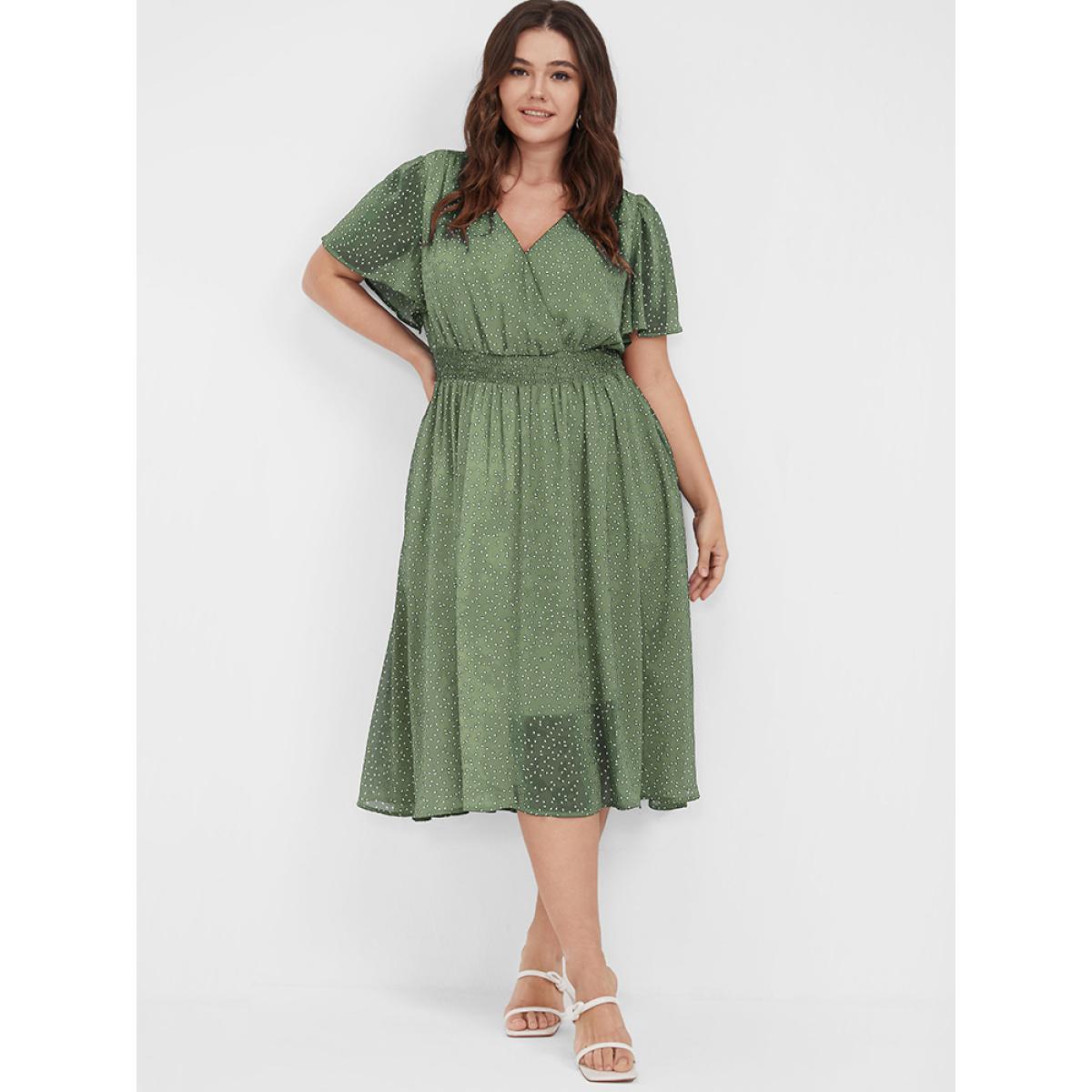 Polka Dot Button Pocket Shirred Ruffles Wrap Dress Product Image