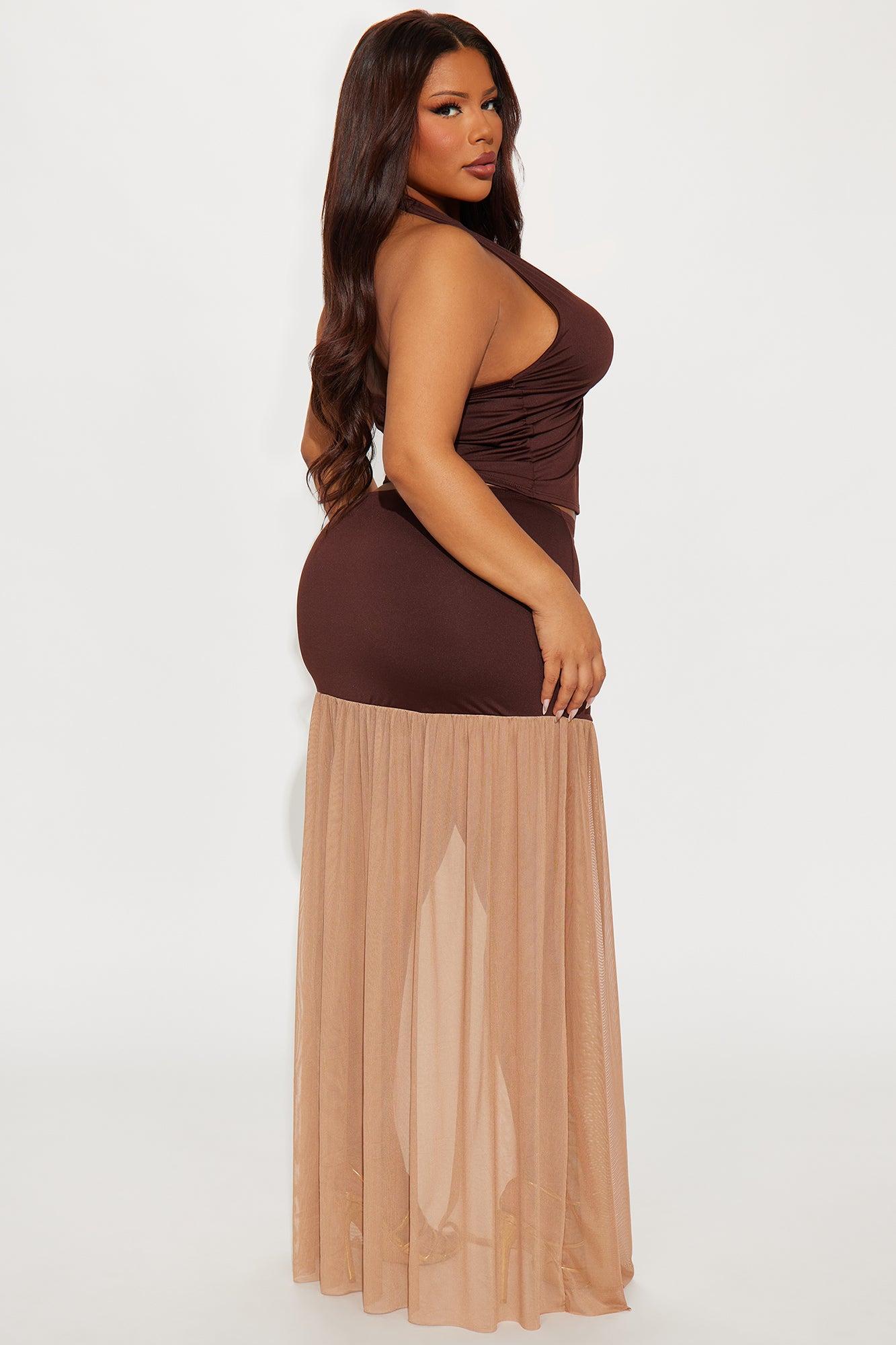 Stole Your Attention Mesh Maxi Skirt Set - Mocha/combo Product Image