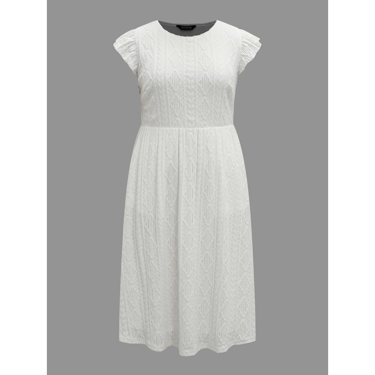 Plus Size Flutter Sleeve Textured Pockets Midi Dress Ivory Women Casual Texture Round Neck Cap Sleeve Curvy BloomChic 30/6X Product Image