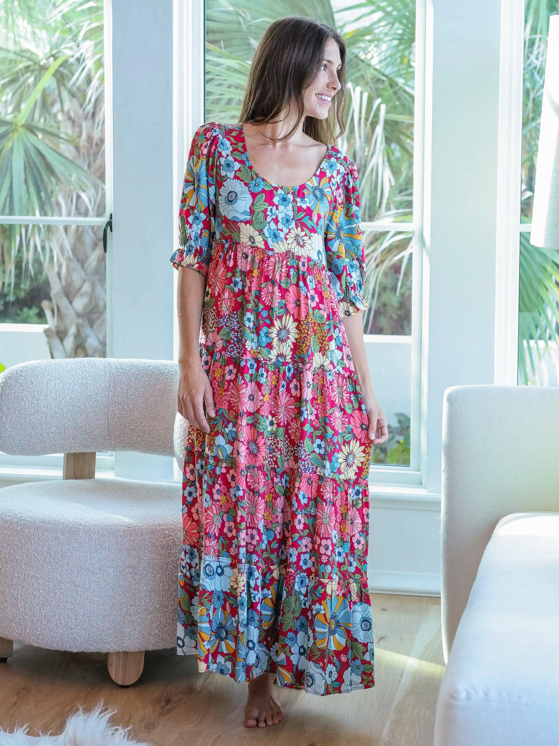 Collette Tiered Maxi Dress - Blue Red Floral Product Image