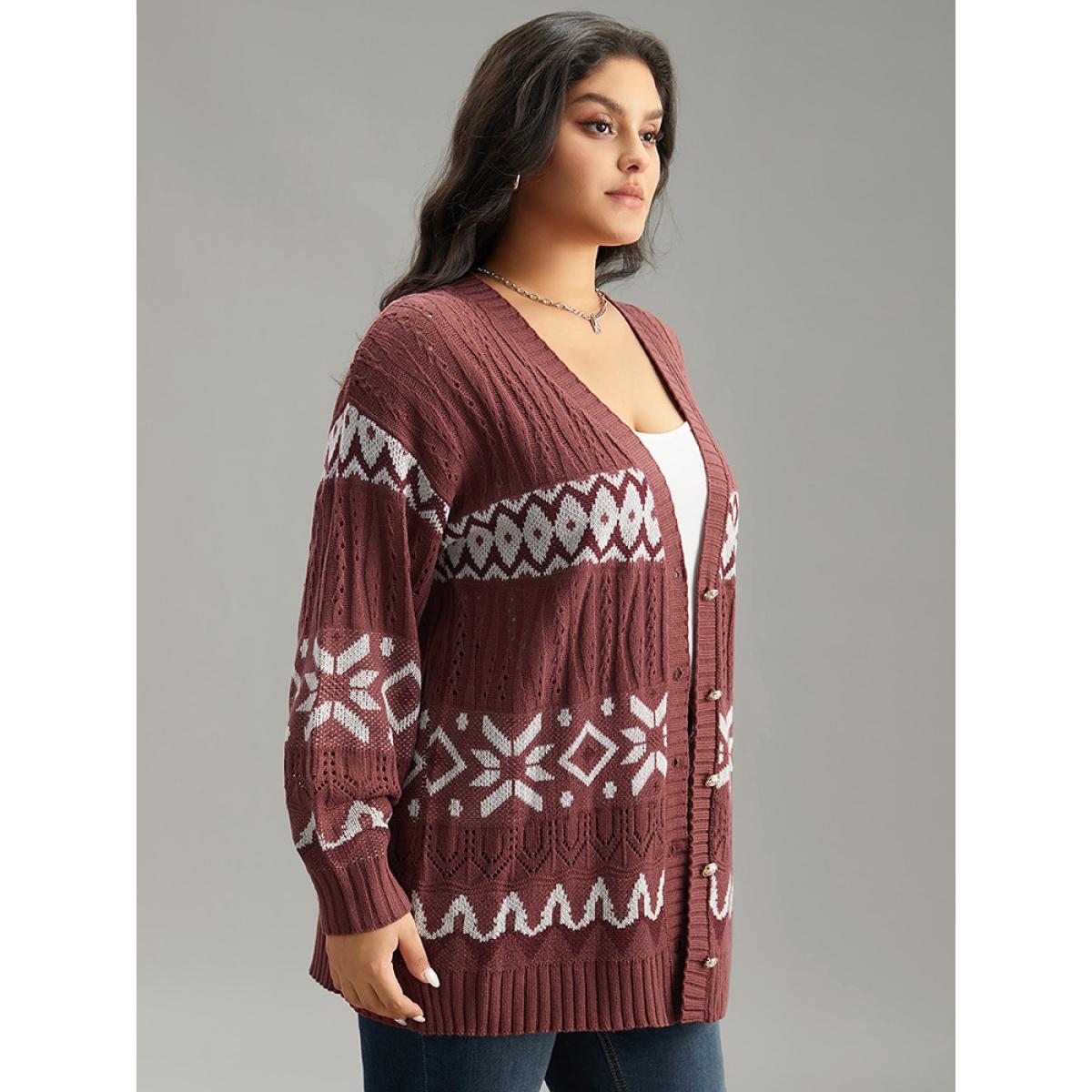 Plus Size Bandana Print Eyelet Metal Button Fly Cardigan Rust Women Casual Loose Long Sleeve Dailywear Cardigans BloomChic 30/6X Product Image