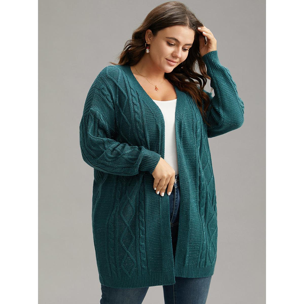 Plus Size Plain Cable Knit Luxe Open Front Cardigan Cyan Women Casual Loose Long Sleeve Dailywear Cardigans BloomChic 22-24/3X Product Image