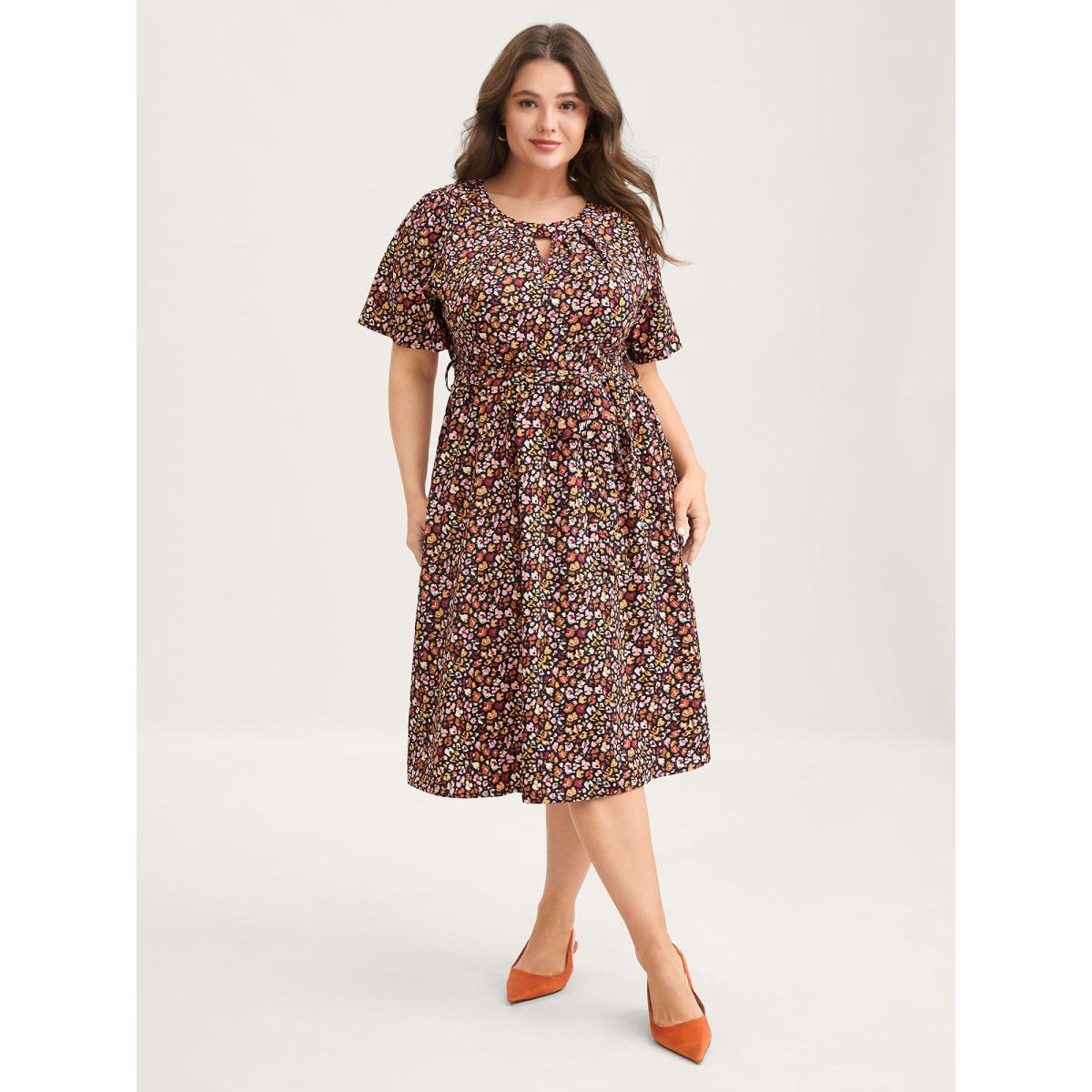 Plus Size Floral Waist Tie Cut-Out Midi Dress Black Women Pleated Round Neck Short sleeve Curvy BloomChic 12/L Product Image