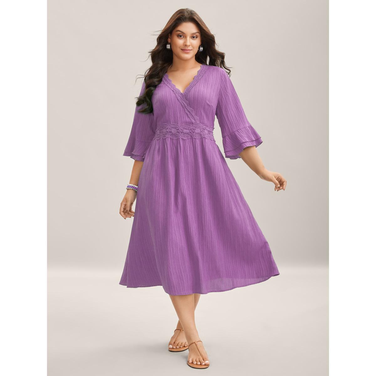 Plus Size Scalloped Lace Surplice Ruffled Midi Dress Lilac Women Boho Overlap Collar Elbow-length sleeve Curvy BloomChic 10/M Product Image