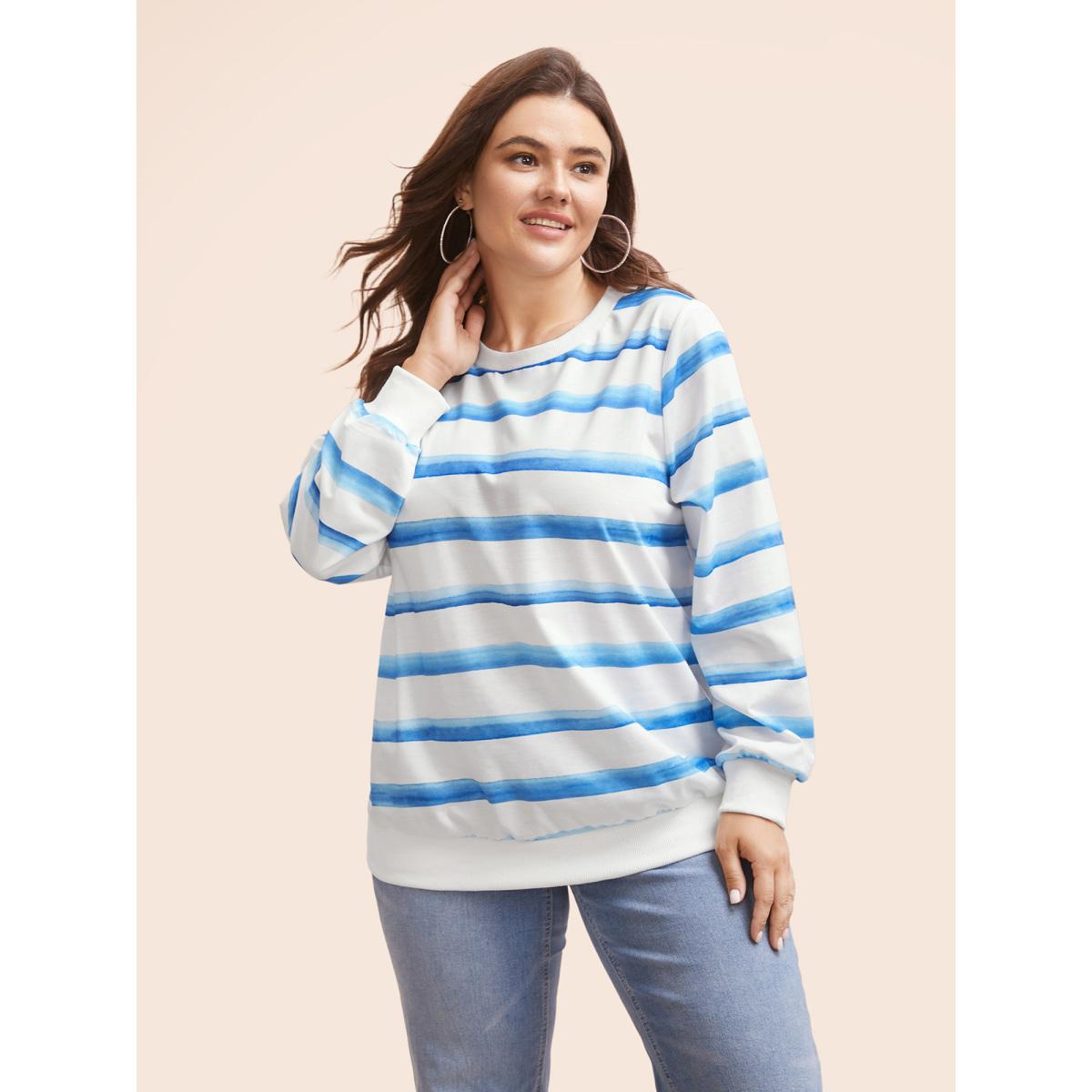 Plus Size Striped Patchwork Round Neck Sweatshirt Women Originalwhite Casual Contrast Round Neck Everyday Sweatshirts BloomChic 22-24/3X Product Image