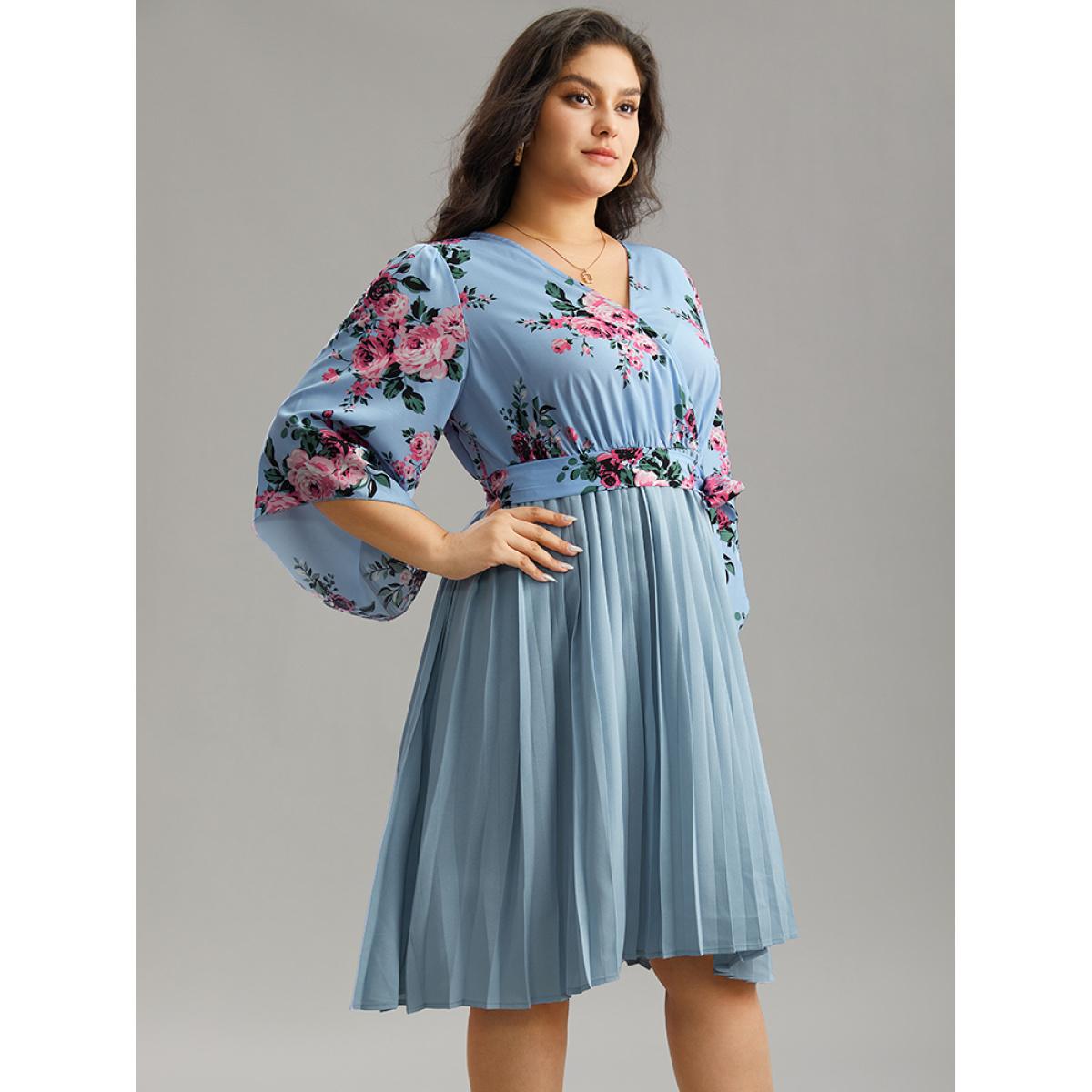 Plus Size Floral Print Bell Sleeve Belted Pleated Hem Dress LightBlue Women Elegant Wrap Overlap Collar Elbow-length sleeve Curvy Knee Dress BloomChic 18-20/2X Product Image