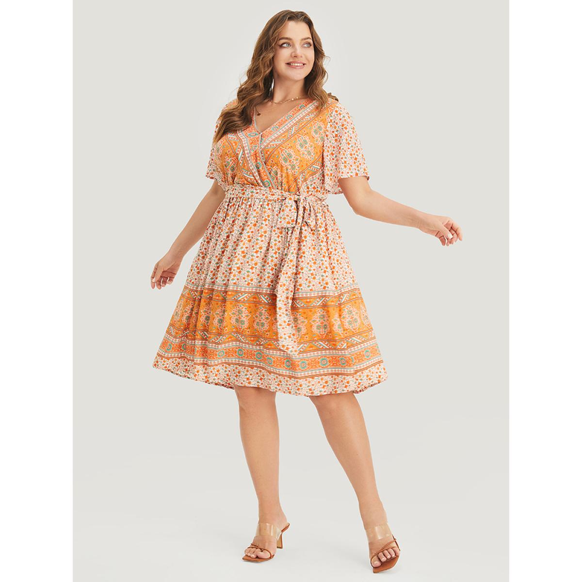 Plus Size Bandana Print Belted Pocket Flutter Surplice Neck Knee Dress Orange Women Vacation Pocket V-neck Short sleeve Curvy Knee Dress BloomChic 14-16/1X Product Image