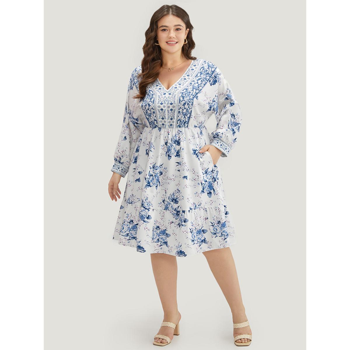 Plus Size Floral Print Lantern Sleeve Pocket Ruffle Dress Stone Women Vacation Printed V-neck Long Sleeve Curvy Midi Dress BloomChic 30/6X Product Image