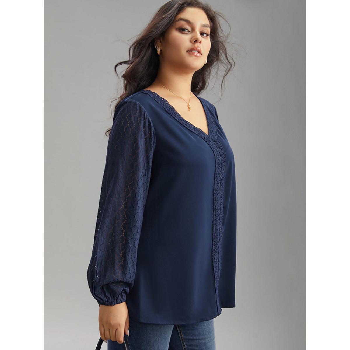 Plus Size Indigo V Neck Guipure Lace Lantern Sleeve Blouse Women Office Long Sleeve V-neck Office Blouses BloomChic 30/6X Product Image