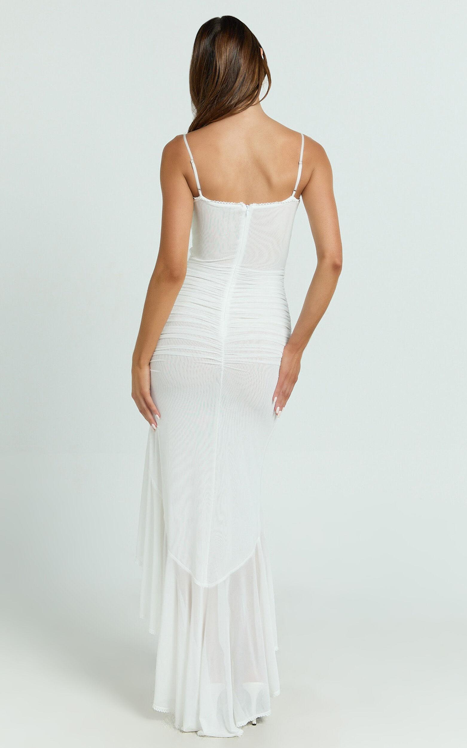 Brionna Midi Dress - Lace Neck Ruched Ruffle Hem Dress in White Product Image