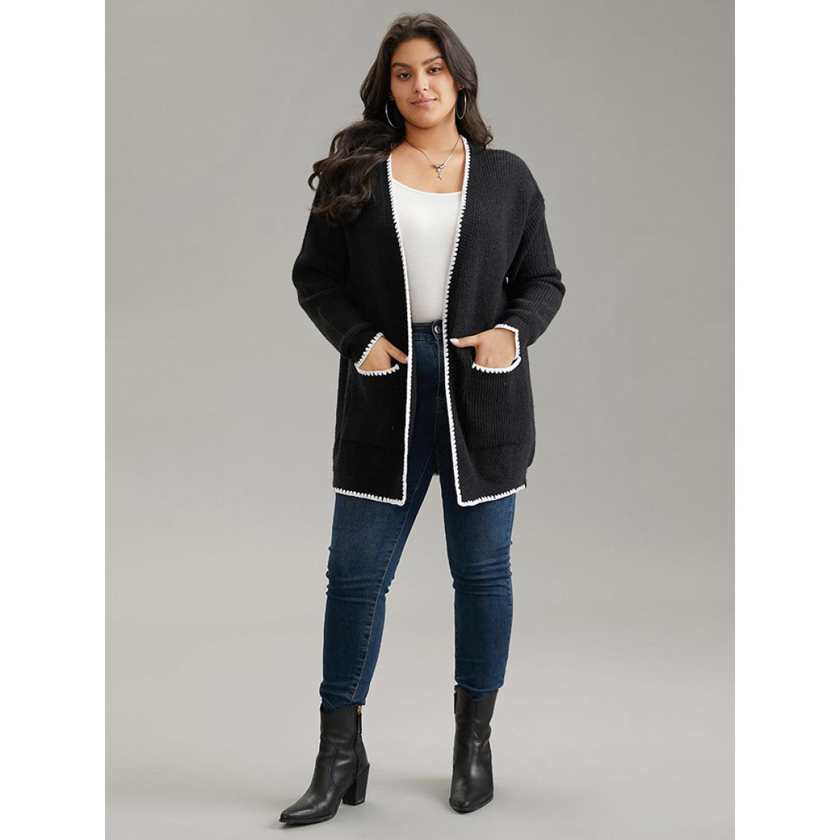 Plus Size Supersoft Essentials Contrast Trim Open Front Pocket Knit Cardigan Black Women Casual Loose Long Sleeve Dailywear Cardigans BloomChic 28/5X Product Image