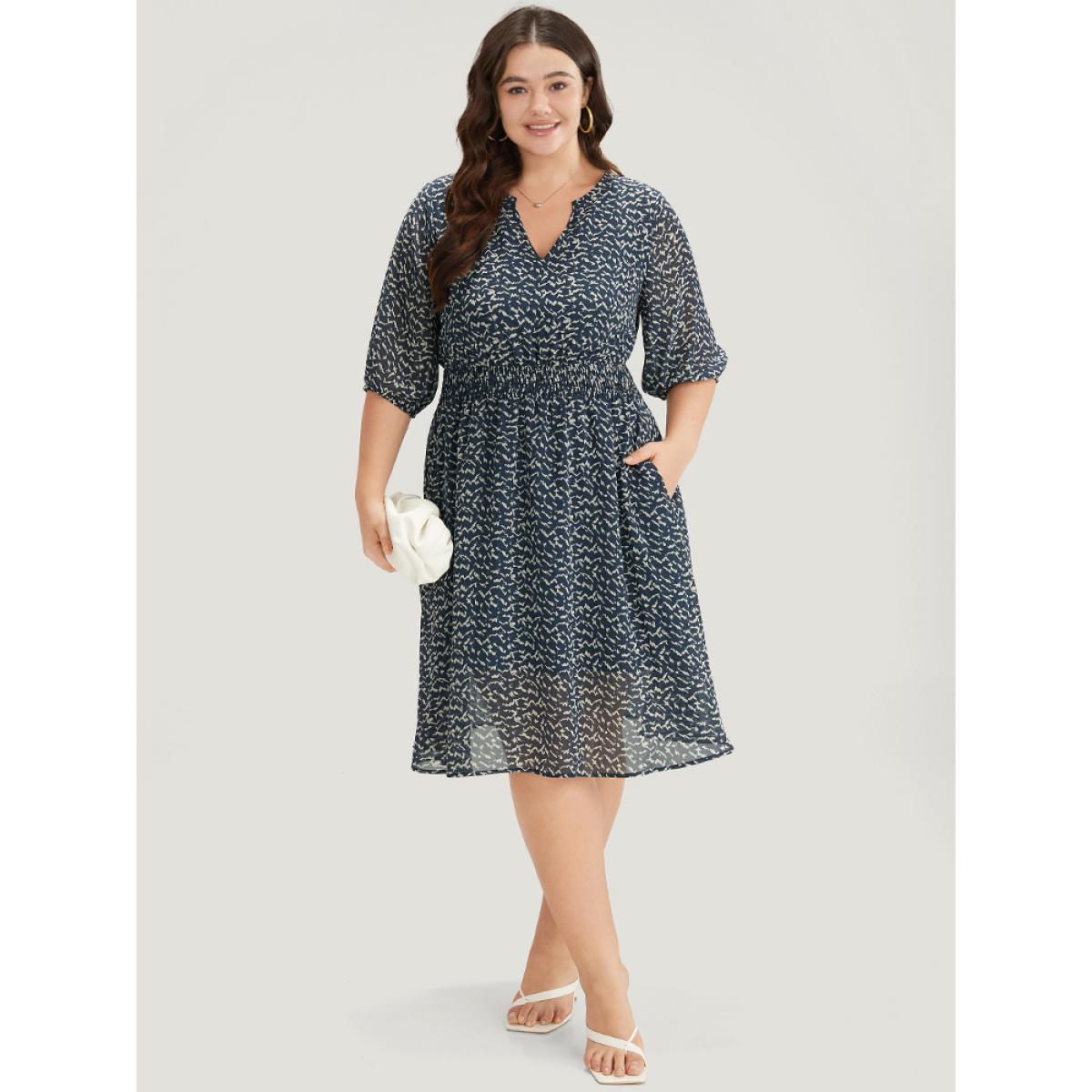 Plus Size Bird Print Notched Shirred Lantern Sleeve Dress Blue Women Office Elastic cuffs Notched collar Half Sleeve Curvy Midi Dress BloomChic 26/4X Product Image