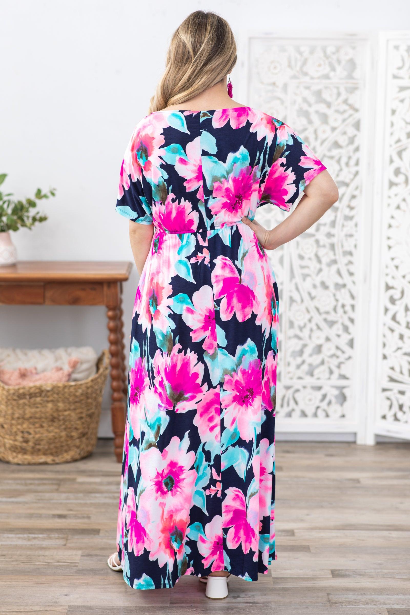 Navy Flower Print Boat Neck Maxi Dress Product Image