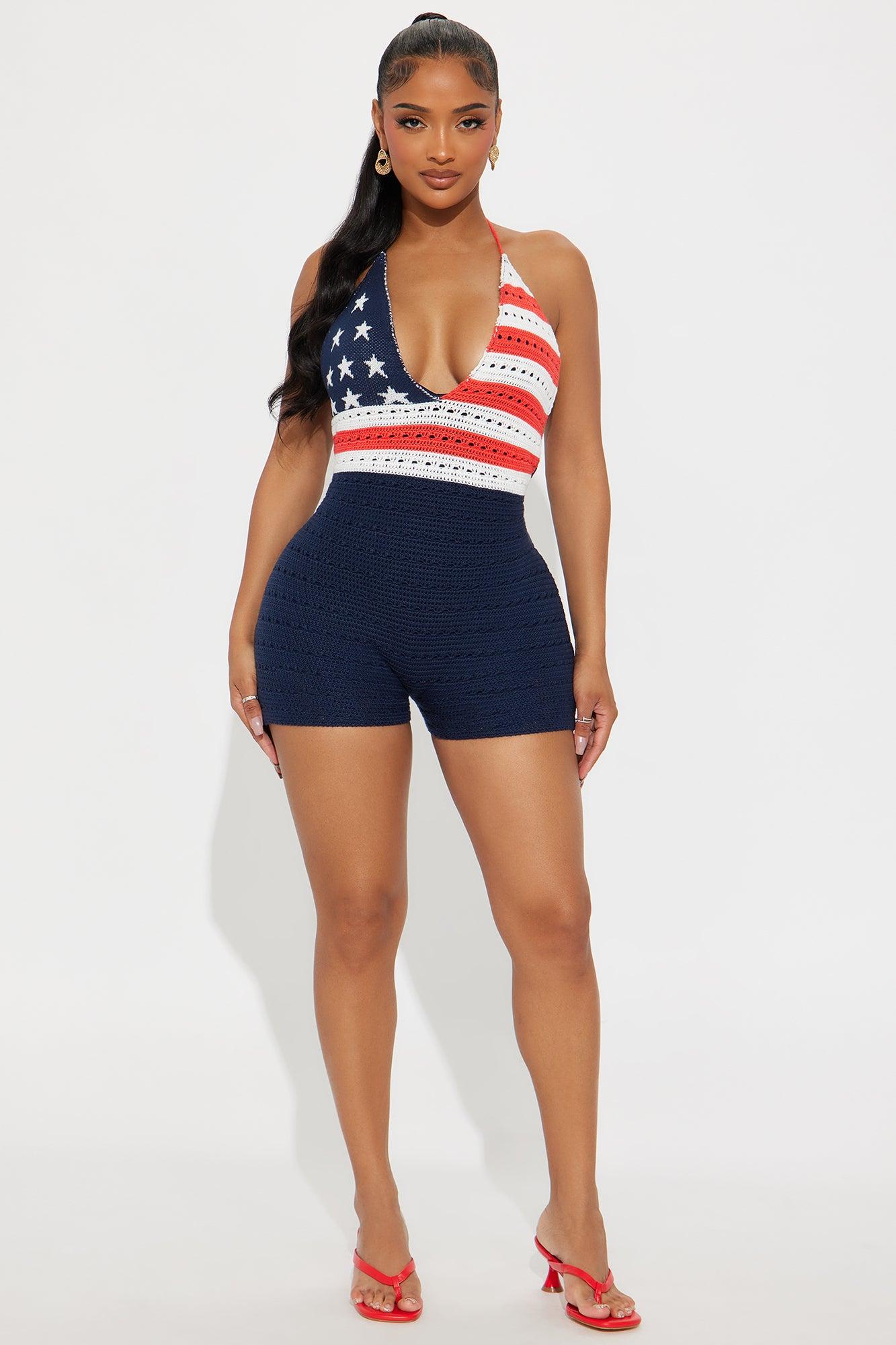 Stars & Stripes Crochet Romper - Navy/combo Female Product Image